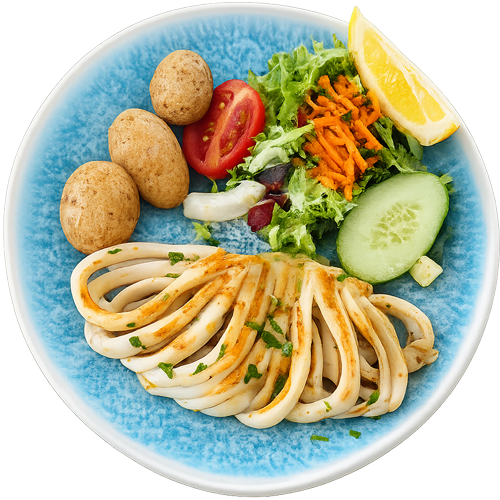 Calamar a la planca con papas arrugadas y ensalada