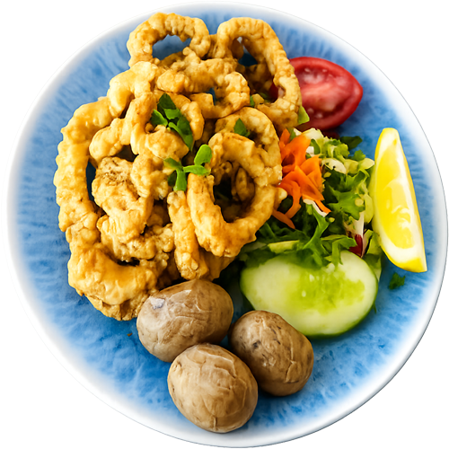 Calamar a la romana con papas arrugadas y ensalada