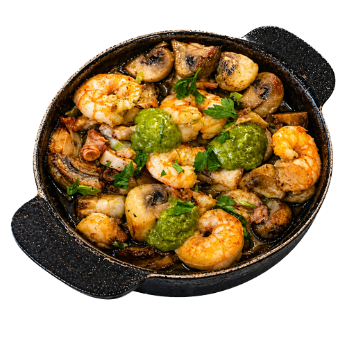 Cazuela de pulpo, gambas y champiñones